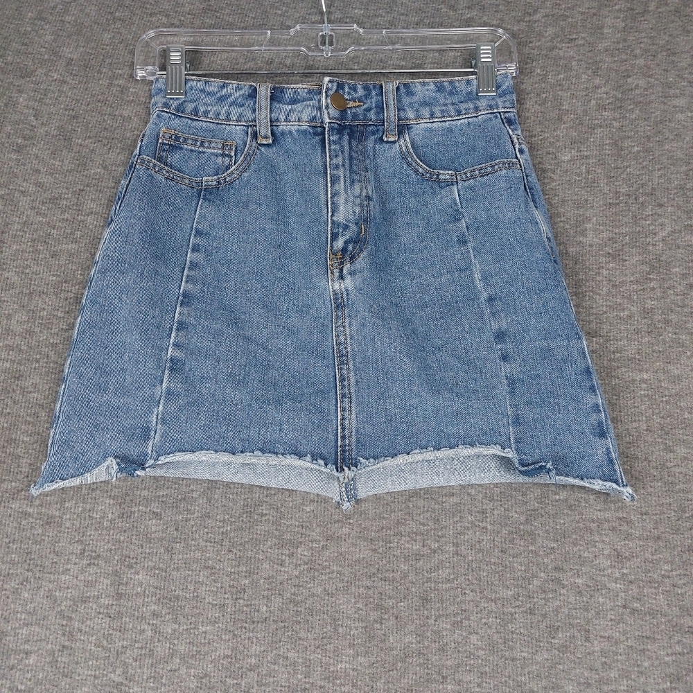 FOREVER 21 WOMENS BLUE JEAN BOHEMIAN FESTIVAL CUT OFF DENIM MINI SKIRT SIZE XS